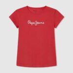 djevojka studio crvena majica sa svjetlucavim logom Pepe Jeans JZ8H1469
