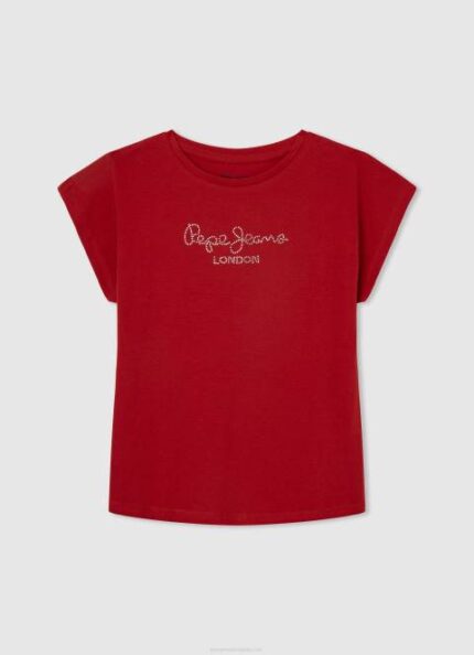 djevojka studio crvena pamučna majica s logotipom strass Pepe Jeans JZ8H1450