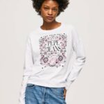 žene bijela majica dugih rukava s maxi logom Pepe Jeans JZ8H389