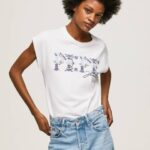 žene bijela majica s izvezenim logom Pepe Jeans JZ8H433