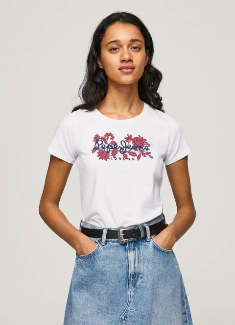 žene bijela majica s printom logotipa od likre Pepe Jeans JZ8H385 - Slika 1