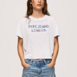 žene bijela majica s printom logotipa Pepe Jeans JZ8H378
