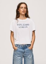 žene bijela majica s printom logotipa Pepe Jeans JZ8H378