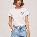žene bijela majica s printom logotipa Pepe Jeans JZ8H381