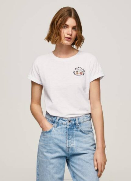 žene bijela majica s printom logotipa Pepe Jeans JZ8H381