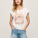 žene bijela majica s printom logotipa Pepe Jeans JZ8H463