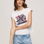 žene bijela majica s printom union jack Pepe Jeans JZ8H415