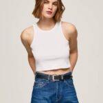 žene bijela rebrasta majica s rukavima s otvorom za ruke Pepe Jeans JZ8H423