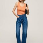 žene breskva rebrasta majica kratkih rukava s otvorom za ruke Pepe Jeans JZ8H398