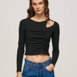 žene crno asimetrična majica dugih rukava Pepe Jeans JZ8H405
