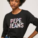 žene crno majica dugih rukava s logotipom Pepe Jeans JZ8H426