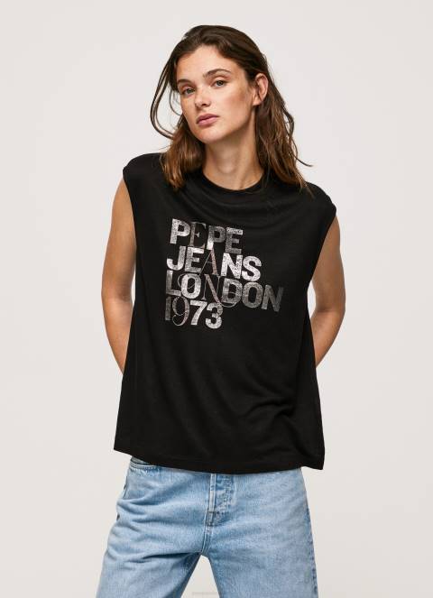 žene crno majica kratkih rukava s rukavima s logotipom Pepe Jeans JZ8H419 - Slika 2