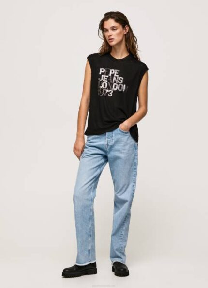 žene crno majica kratkih rukava s rukavima s logotipom Pepe Jeans JZ8H419
