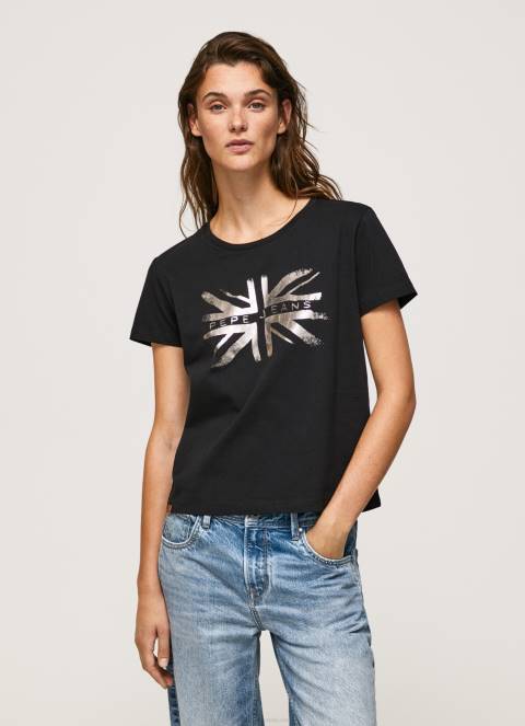 žene crno pamučna majica s metalik logotipom Pepe Jeans JZ8H414 - Slika 2