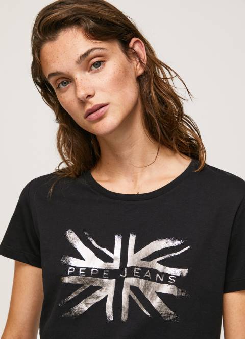 žene crno pamučna majica s metalik logotipom Pepe Jeans JZ8H414 - Slika 3