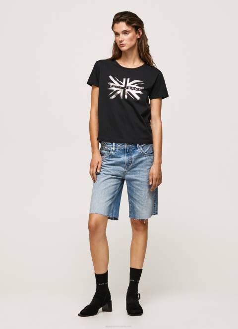 žene crno pamučna majica s metalik logotipom Pepe Jeans JZ8H414 - Slika 1