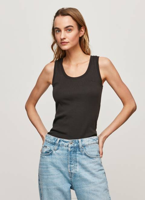 žene crno rebrasta majica kratkih rukava s otvorom za ruke Pepe Jeans JZ8H440 - Slika 3