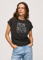 žene isprano crno pamučna majica s cvjetnim logotipom Pepe Jeans JZ8H403