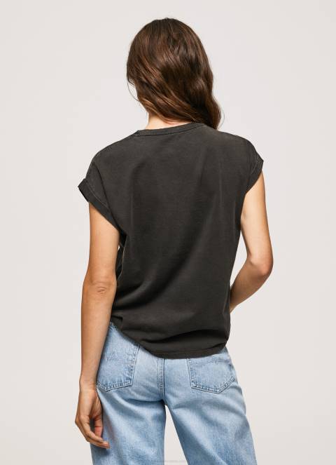 žene isprano crno pamučna majica s cvjetnim logotipom Pepe Jeans JZ8H403 - Slika 4