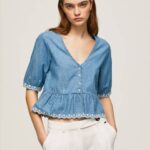 žene plava traper bluza s v-izrezom Pepe Jeans JZ8H369