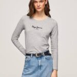 žene sivi lapor pamučna majica dugih rukava Pepe Jeans JZ8H473