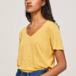 žene sjaj lanena majica s v-izrezom Pepe Jeans JZ8H453