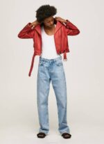 žene studio crvena janjeća kožna biciklistička jakna Pepe Jeans JZ8H105 - Slika 2