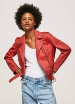 žene studio crvena janjeća kožna biciklistička jakna Pepe Jeans JZ8H105 - Slika 3