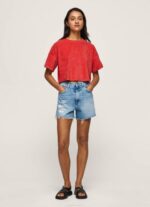 žene studio crvena skraćena majica od baršuna Pepe Jeans JZ8H460 - Slika 2