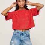žene studio crvena skraćena majica od baršuna Pepe Jeans JZ8H460