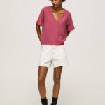 žene tamno rumenilo krep top s volanima na rukavima Pepe Jeans JZ8H375
