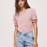 žene tamno rumenilo prugasta majica s volanima Pepe Jeans JZ8H392