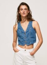 žene traper skraćeni fit traper prsluk Pepe Jeans JZ8H319 - Slika 5