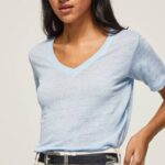 žene zaljev lanena majica s v-izrezom Pepe Jeans JZ8H466